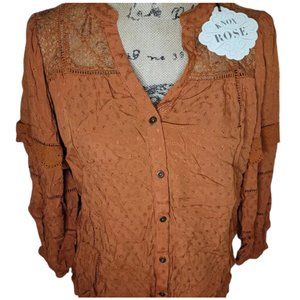 Knox Rose Small Orange Button-up, Long Sleeve Blouse